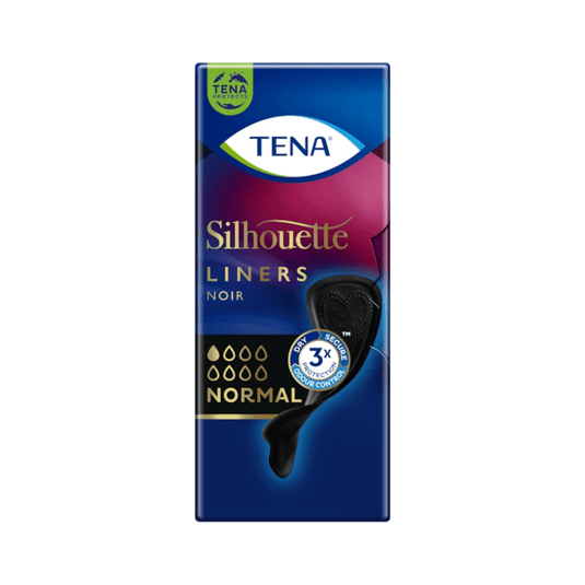 A TENA Silhouette Noir Normal bugyibélést tartalmazó csomagolás elegáns kialakítású, sötétkék dobozból áll, rózsaszín díszítéssel. Rajta látható a TENA logó és a bélés képe, amely kiemeli a „Normal” nedvszívó képességet és a 3x Fresh Odour Control hármas védelmet.
