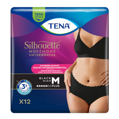 A TENA Silhouette Plus Black Inkontinenzpants csomagolási képe csípőig érő nadrágot mutat, amelyet a hólyag védelmére terveztek. A stílusos fekete törzzsel és az EU 36-44 M felirattal ellátott csomag 12 darabot tartalmaz, és hármas védelmet ígér a hólyaggyengeség ellen.