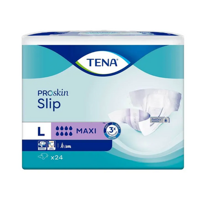 A TENA Slip Maxi inkontinencia betét derékpánttal, amelyet a TENA - Essity Germany GmbH gyárt, kivételes kifolyás elleni védelmet nyújt a Maxi nedvszívó képességével. A csomagolás termékképeket tartalmaz, amelyek kiemelik a jellemzőket, mint a nedvességjelzők, légáteresztő anyag és szagkontroll. Ez a nagyméretű csomagolás 24 darabot tartalmaz, amely az inkontinencia igényeihez igazodik.