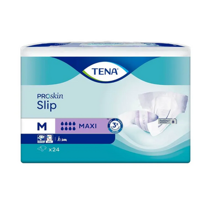 A TENA Slip Maxi inkontinencia betét csomagolása derékpánttal a TENA – Essity Germany GmbH-tól feltűnően kék dizájnt mutat fehér akcentusokkal és egy képet az inkontinencia pelenkáról felnőttek számára. A közepes méretet „M” jelöléssel látják el, és egy 24 darabos csomagot tartalmaz, amely megbízható kifolyás elleni védelmet nyújt az egész napos bizalom érdekében.