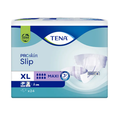 Egy csomag TENA Slip Maxi inkontinencia betét derékpánttal, amelyet a TENA - Essity Germany GmbH kínál XL méretben, „Maxi” nedvszívó képességgel és „FeelDry” technológiával rendelkezik. Kifolyás elleni védelemmel van ellátva további biztonság érdekében, és 24 darabot tartalmaz csomagonként. A csomagolás kék-zöld színsémában van kialakítva pelenka képekkel.