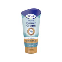 Eine 100 ml Tube TENA Zink Cream mit 10% Zinkoxid von TENA – Essity Germany GmbH in blau-beigem Design. Das Etikett hebt hervor, dass die Creme parfümfrei ist, eine wasserabweisende Schicht bildet und empfindlicher Haut zusätzlichen Schutz bietet. Dieses Produkt sorgt für eine sanfte Pflege empfindlicher Bereiche.