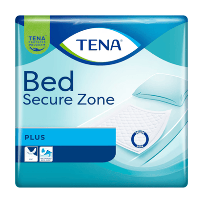 A TENA Bed Plus csomag a TENA - Essity Germany GmbH-tól egy matracot ábrázol inkontinencia betéttel, és a kék-fehér TENA logóval és a termékleírással van ellátva.