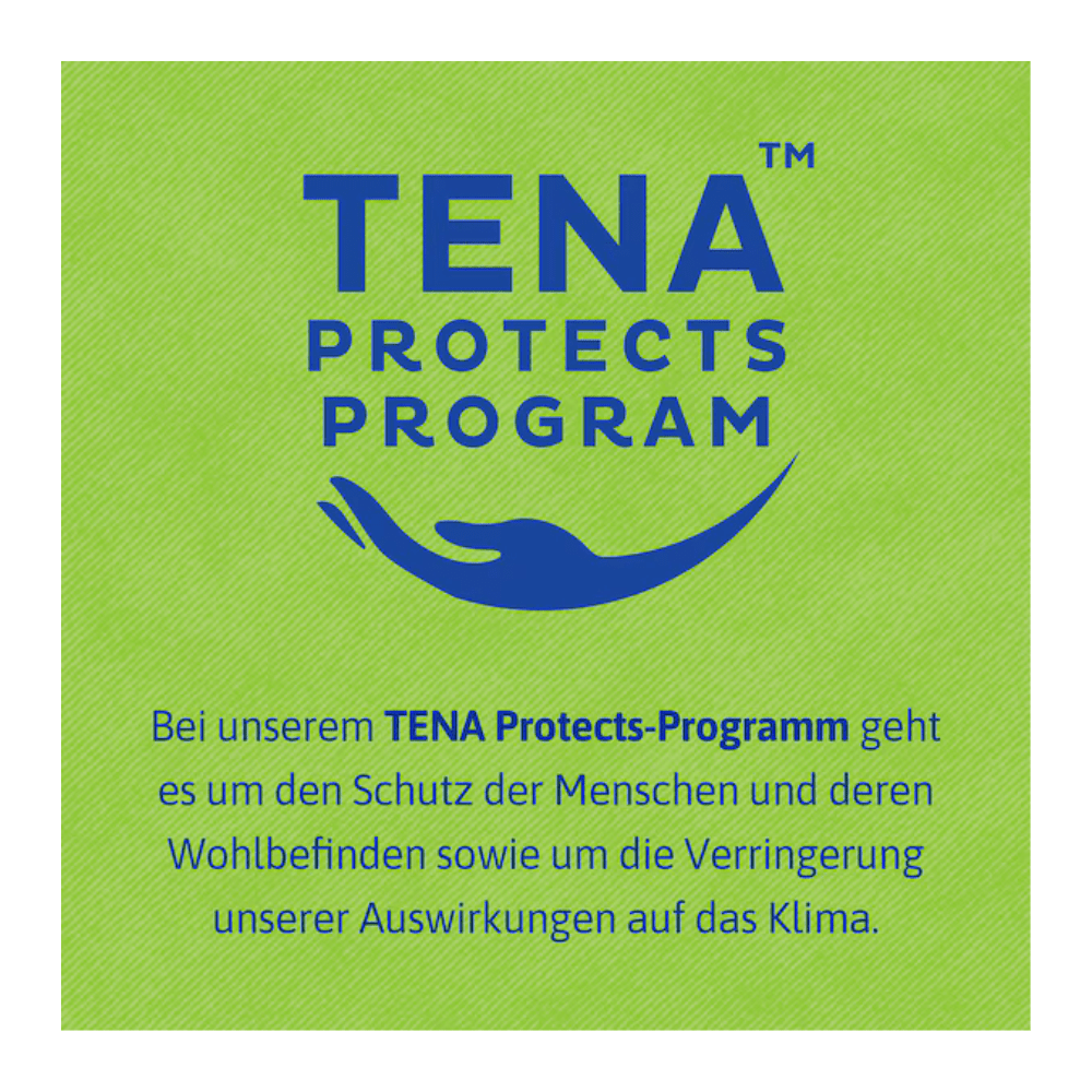 Egy zöld háttérrel rendelkező négyzet alakú kép a "TENA Protects Program" feliratot mutatja kék színben egy ívelt vonal felett. A német szöveg elmagyarázza, hogyan támogatja a TENA Bed Plus a TENA - Essity Germany GmbH-tól a jólétet és hozzájárul az éghajlati hatások csökkentéséhez.