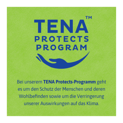 Egy zöld háttérrel rendelkező négyzet alakú kép a "TENA Protects Program" feliratot mutatja kék színben egy ívelt vonal felett. A német szöveg elmagyarázza, hogyan támogatja a TENA Bed Plus a TENA - Essity Germany GmbH-tól a jólétet és hozzájárul az éghajlati hatások csökkentéséhez.