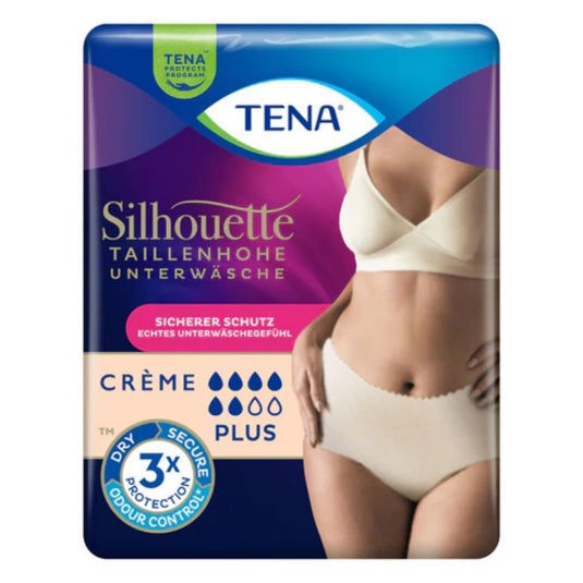 Egy csomag TENA Silhouette Plus krémes inkontinencia-alsónemű a TENA - Essity Germany GmbH-tól, amelyen egy nő látható, aki bemutatja a terméket. A csomag biztonságos védelmet, háromszoros szagcsökkentést és Plus nedvszívó képességet biztosít hólyaggondok esetén.
