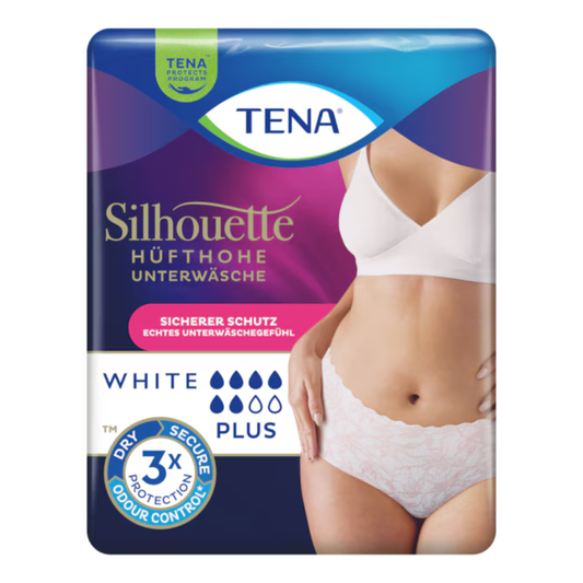 Eine Packung Muster TENA silhouette Plus White von TENA - Essity Germany GmbH in der Größe M, die eine Frau im High-Waist-Schutz zeigt. Die Packung betont den diskreten Komfort, den sicheren Schutz und die Geruchskontrolle für das tägliche Vertrauen.
