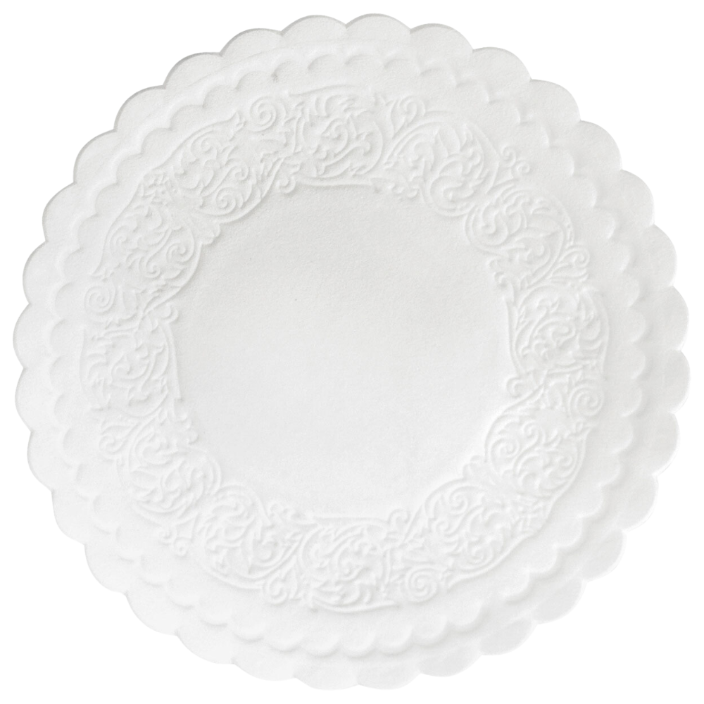 Egy kerek, fehér alátét a Duni GmbH-tól, 9 cm átmérőjű, több rétegű és hullámos széllel, valamint bonyolultan dombornyomott mintákkal a szélén. Ez a termék 500 darabos csomagolásban kapható.