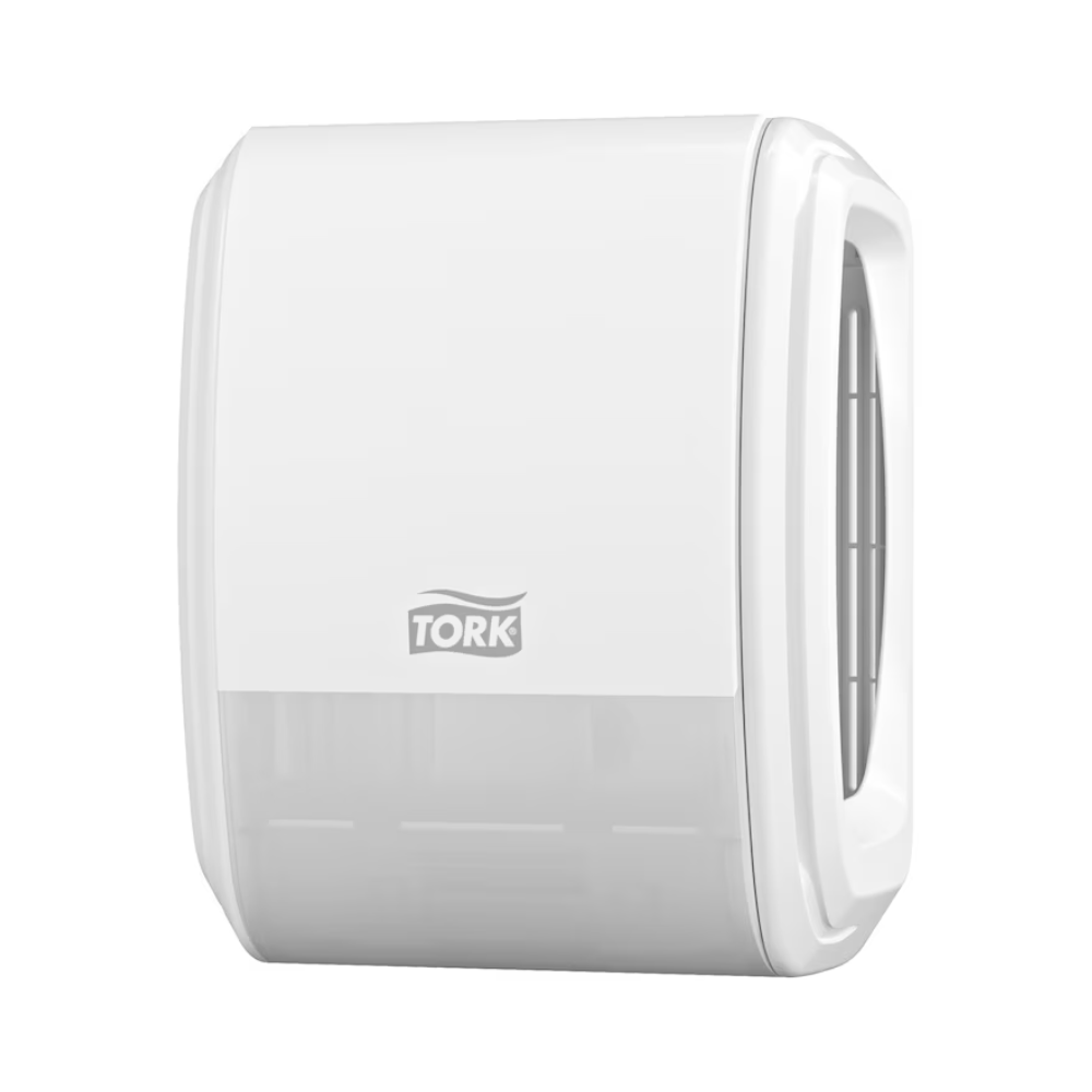 Bemutatjuk a Tork 256010 papírtörlő adagolót az Essity Professional Hygiene Germany GmbH-tól. Ez a falra szerelhető készülék fehér külsővel és átlátszó alsó résszel rendelkezik a papírtörlőkhöz való gyors hozzáférés érdekében, kiegészítve a TORK logóval, amely kiemelten a készülék elején látható. Azért tervezték, hogy javítsa a térélményét minimalista és funkcionális esztétikájával.