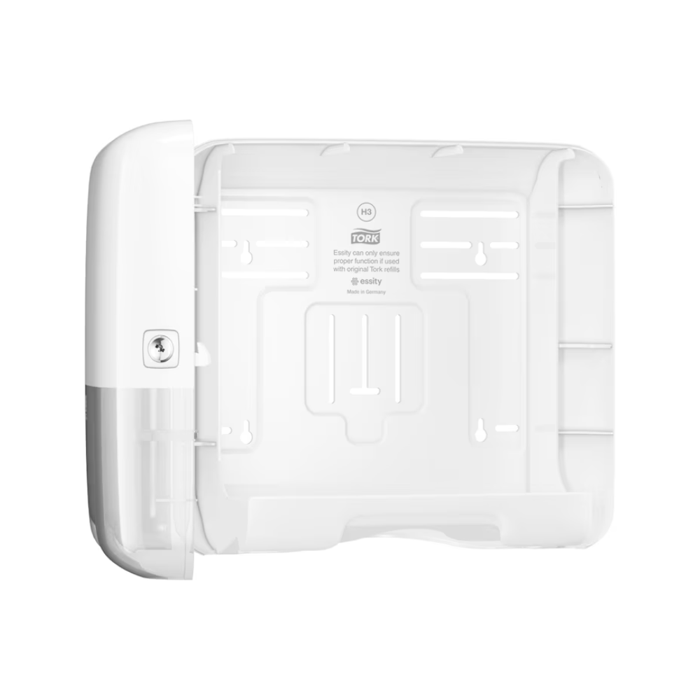 A Tork 553100 Mini adagoló harmonika kéztörlőkhöz elegáns Elevation dizájnnal és bal oldalon található zárral rendelkezik. Az nyitott előlapon keresztül hozzáférhet a szerelési nyílásokhoz, és belül útmutatásokat találhat. Ezáltal ideális a harmonika kéztörlőkkel való kompatibilitásra. Ezt a terméket a TORK, az Essity Professional Hygiene Germany GmbH egyik vállalata biztosítja.