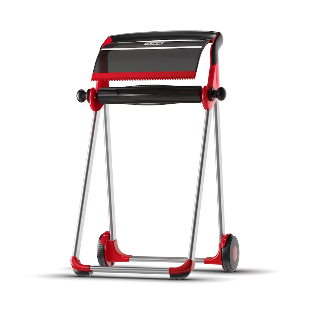 A Tork 652008 gurigaadagoló állvány Performance W1 a TORK - Essity Professional Hygiene Germany GmbH-tól egy összecsukható, piros-fekete gurigaállvány kerekekkel, amely tökéletes ajándékpapír tartására és gurítására. Ez a mobil adagoló kompakt dizájnnal rendelkezik, fogazott éllel a kényelmes vágás érdekében, és elegáns teljesítményt nyújt.