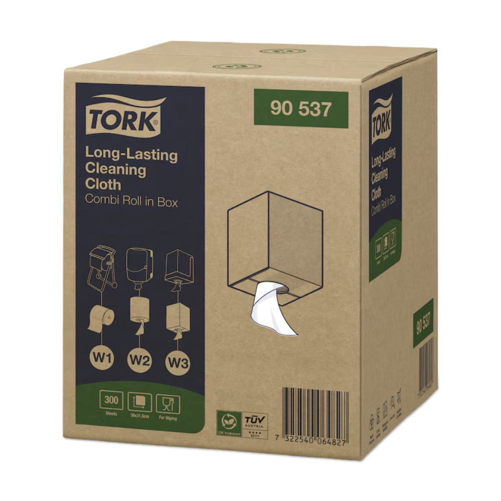 Egy kartondoboz Tork 90537 tartós tisztítókendő Premium W1 W2 W3 a TORK – Essity Professional Hygiene Germany GmbH-tól, termékrészletekkel és használati utasítással. Az adagolónyílás szabad kilátást biztosít egy fehér, szöszmentes tisztítókendőre, amelynek tetején és oldalán jól látható a 90537-es modell száma.