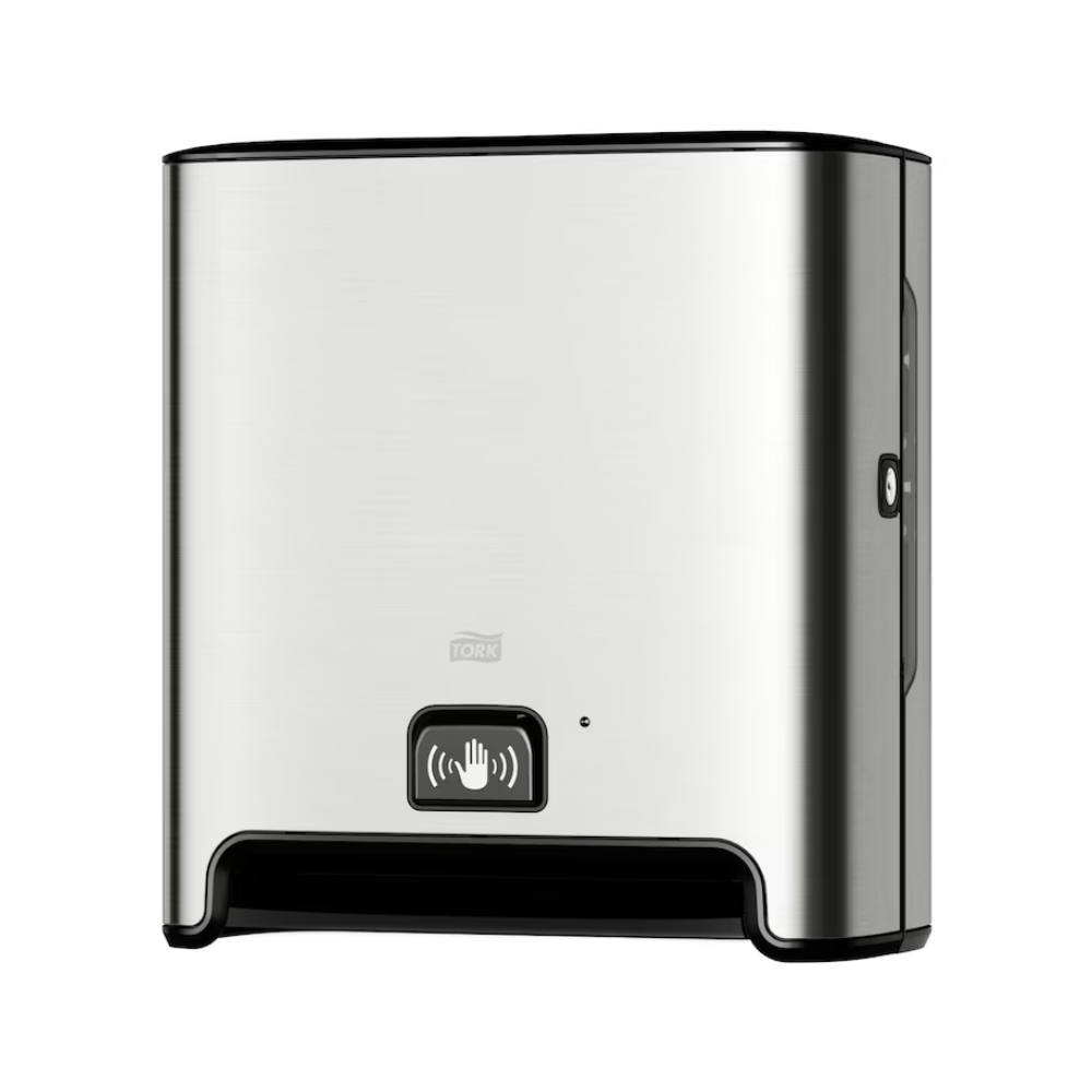 Egy TORK Tork Matic® 460001 szenzoros adagoló Image Line rozsdamentes acélból falra szerelhető szenzorral H1 | Csomag (1 darab) fekete talppal és elülső szenzorjelző szimbólummal. Ez az adagoló, amely érintés nélküli egyedi lapkiadáshoz készült, modern, egyszerű megjelenéssel rendelkezik, és tekercses kéztörlőket használ a higiénikus élmény biztosításához.