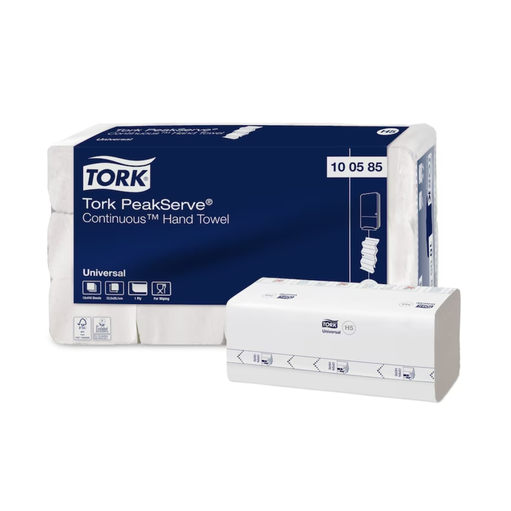 A Tork PeakServe® 100585 Endless™ kéztörlők az Essity Professional Hygiene Germany GmbH-tól egy csomagolási dizájnnal rendelkeznek, amely túlnyomórészt fehér, kék akcentusokkal és szöveggel. Ezek az egyrétegű univerzális kéztörlők lágyságukról és nedvszívó képességükről ismertek, ami ideálissá teszi őket nagy forgalmú környezetekbe. A termék 12 csomagos kartondobozban kapható.