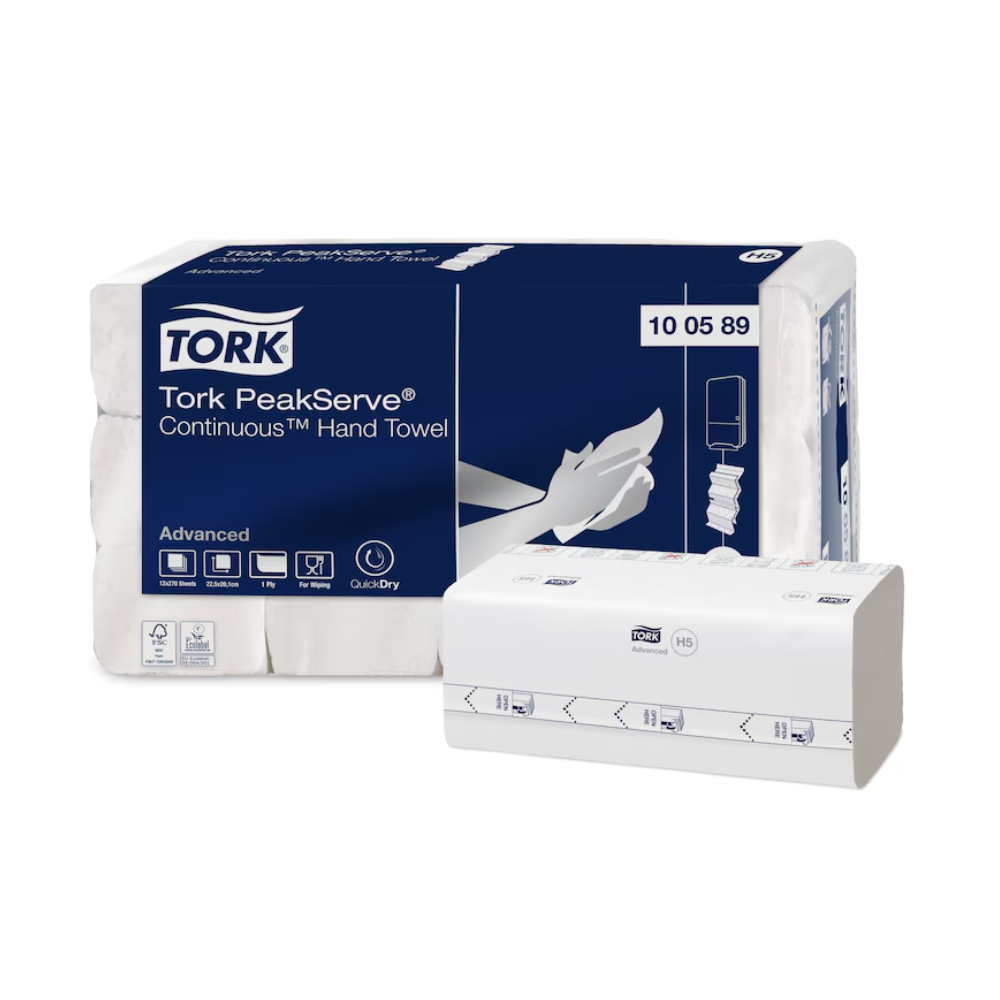 A Tork PeakServe® 100589 Endlos™ Advanced H5 1-rétegű kéztörlők csomagolásán jól látható a termék neve és logója, valamint az egyes törlőkendők kivevésének ábrája. Környező szimbólumok hangsúlyozzák a magas kapacitást és a gyors kivételt. A csomagolási szám 100589 jól látható.