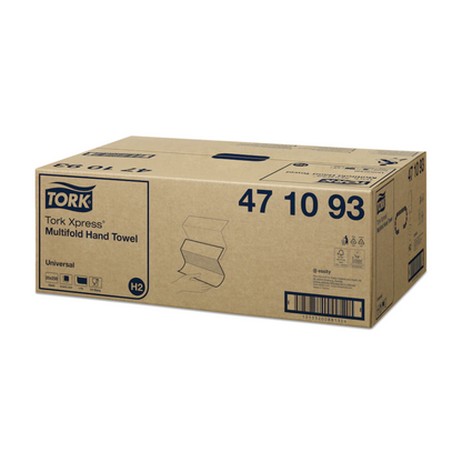 A képen egy karton látható, amely Tork Xpress® 471093 Multifold kéztörlőket tartalmaz Universal H2 1-rétegű TORK – Essity Professional Hygiene Germany GmbH-tól. A karton termékinformációkkal, például cikkszámmal van feliratozva, és Universal H2 ábrákat, szimbólumokat, valamint egy vonalkódot tartalmaz az oldalán.