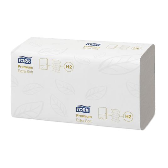 A termék egy téglalap alakú csomag Tork Xpress® 100297 extra puha Multifold kéztörlő H2, fehér csomagolásban, finom levélmintával. A „Tork Xpress®” és „H2” feliratok kék és arany színnel vannak nyomtatva, tükrözve a TORK – Essity Professional Hygiene Germany GmbH prémium minőségét.