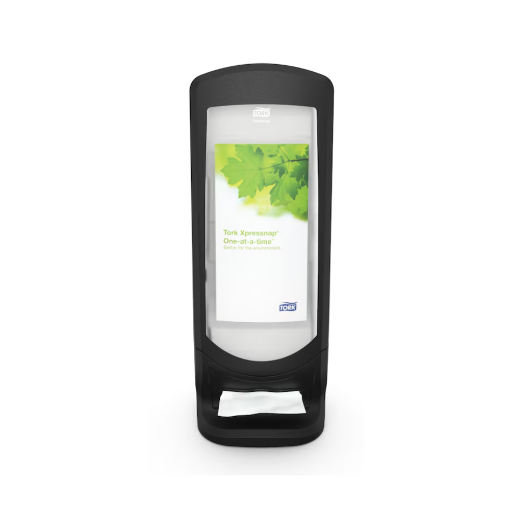 A Tork Xpressnap® 272211 álló és fali adagoló N4 a TORK-tól - Essity Professional Hygiene Germany GmbH egy fekete, szabadon álló adagoló átlátszó előlappal, zöld levélmintával és a „Darabonként” felirattal. Ez a higiéniai fejlesztő termék biztosítja a szalvéták egyszerű elérését, amelyek kényelmesen a frontális nyílásnál vannak elhelyezve.