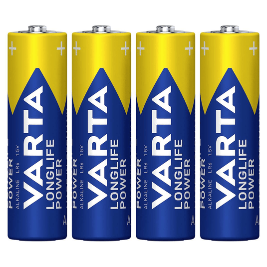Négy, függőlegesen egymás mellé sorolt Varta AG Industrial Pro Mignon AA-elem, kék és sárga címkével.