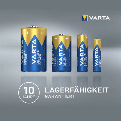 Négy Varta Longlife Power Micro AAA elem 4903 LR03, a legnagyobbtól a legkisebbig rendezve, „10 év tárolhatósági garancia” felirattal.