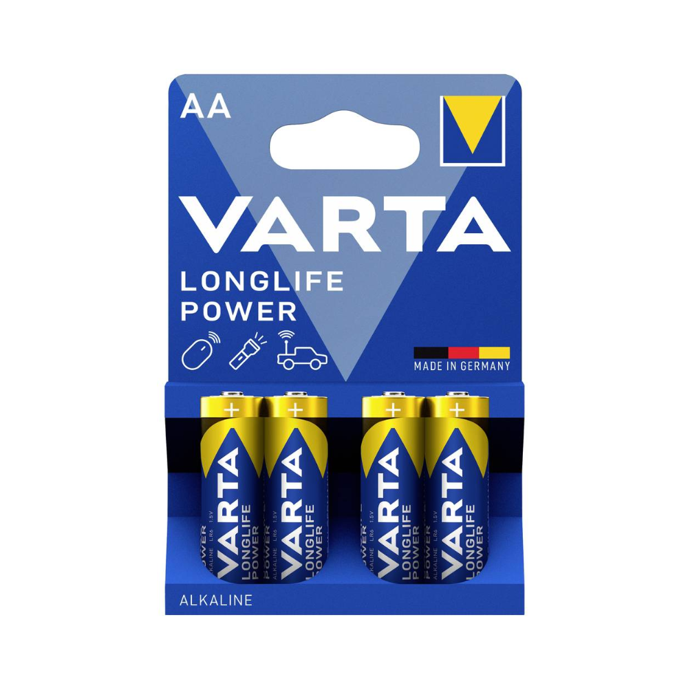 Egy 4 darabos Varta Longlife Power 4906 AA LR6 elemek csomagja a Varta AG-től kék és sárga fóliacsomagolásban - "Made in Germany" - távirányítók, autók és játékok szimbólumaival; tökéletes magas áramfogyasztású eszközökhöz.