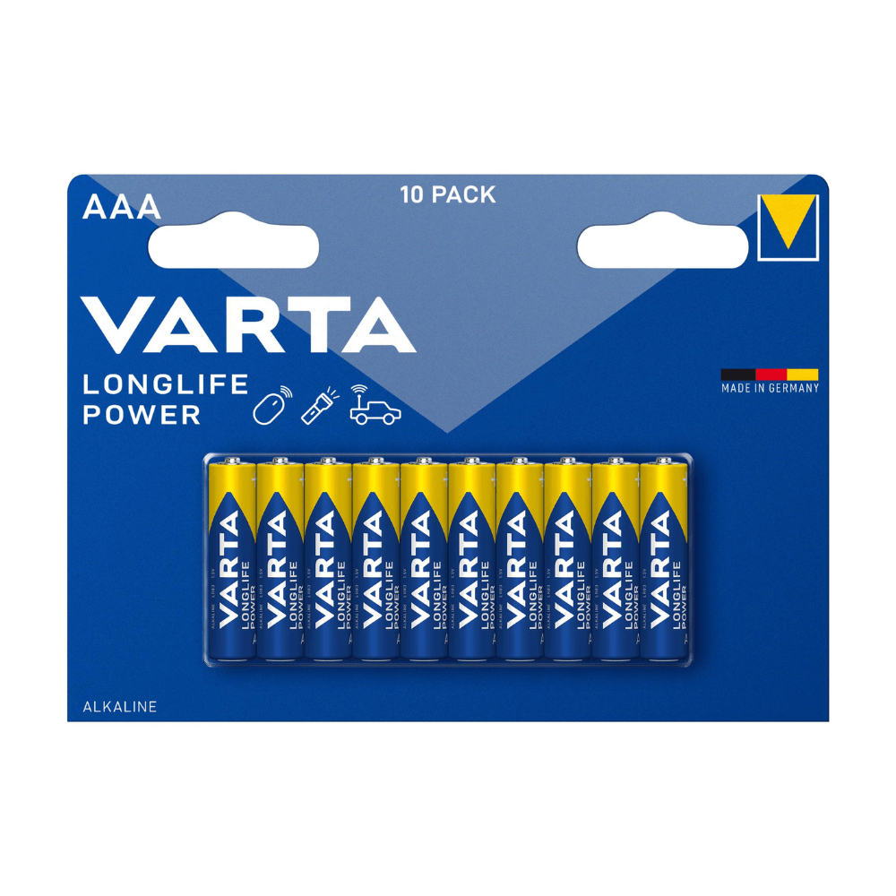 Egy 10 darabos Varta AG Longlife Power Micro AAA elemcsomag, kék-sárga kartoncsomagolásban, márka- és elem méret felirattal, magas energiaigényre tervezve.