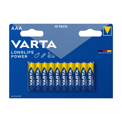 Egy 10 darabos Varta AG Longlife Power Micro AAA elemcsomag, kék-sárga kartoncsomagolásban, márka- és elem méret felirattal, magas energiaigényre tervezve.