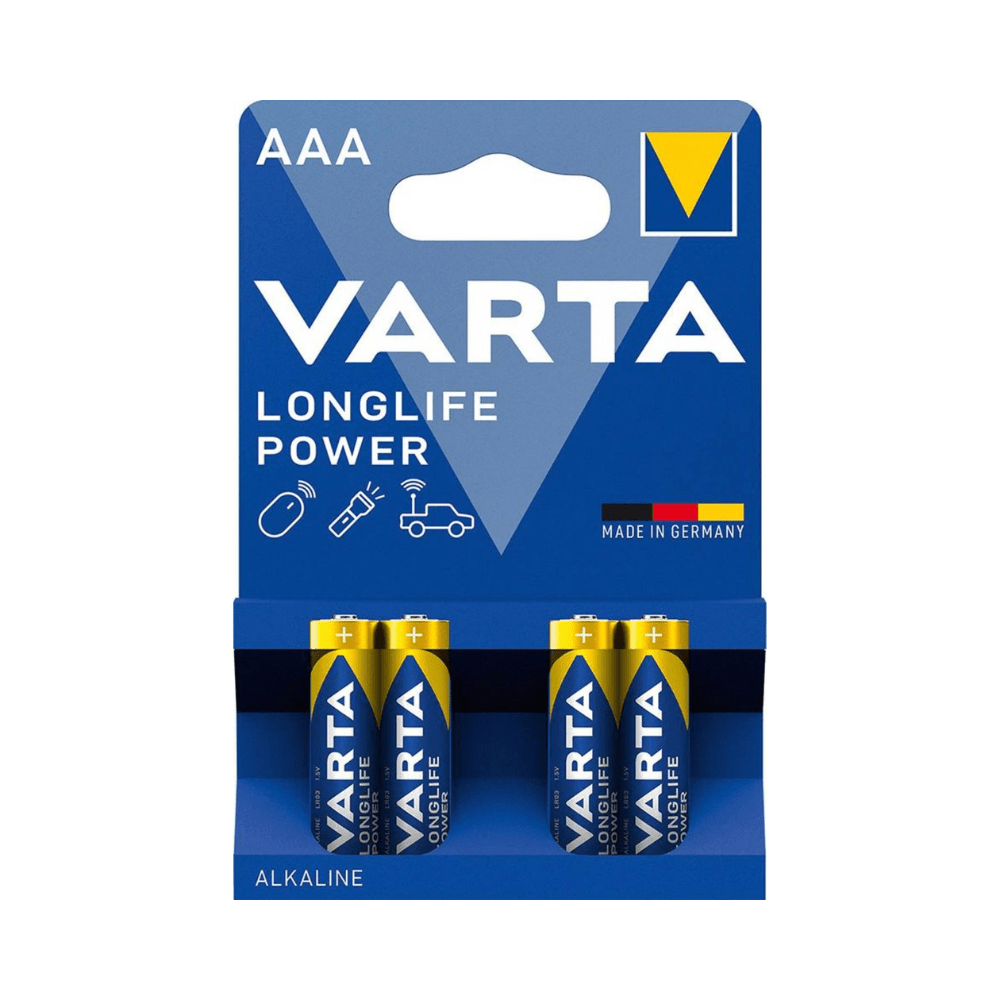 A Varta Longlife Power Micro AAA elem 4903 LR03 alkáli elemek csomagolása a Varta AG-től, négy vízszintesen egymásra helyezett elemmel, Made in Germany jelöléssel. A csomagolás kék-fehér, vastag betűkkel.