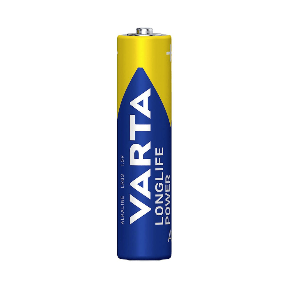 Egyetlen Varta Longlife Power Micro AAA elem. Az elem túlnyomórészt kék, nagy kék háromszöggel és sárga akcentusokkal, valamint a Varta AG márkalogójával és típusadataival.
