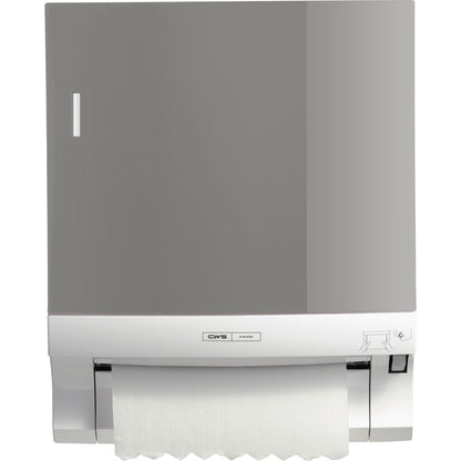 Das wandmontierte CWS Frontpanel für Rollenpapierhandtuchspender Paperroll von CWS zeigt ein teilweise herausgezogenes Blatt und ein Anleitungssymbol an und ist damit ideal für eine effiziente Waschraumoptimierung.