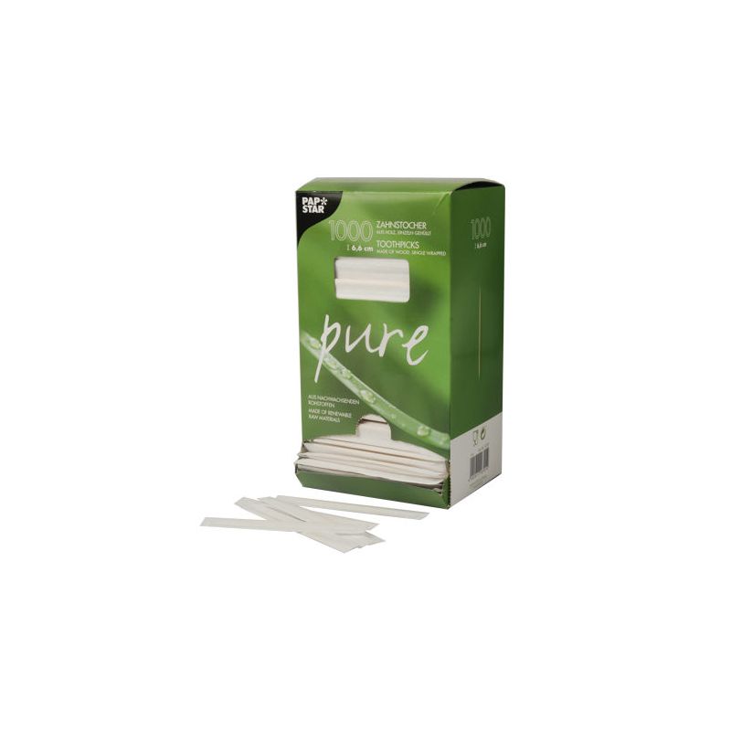 Egy zöld dobozban, amelyen a „PAPSTAR „pure” felirat szerepel, 1000 környezetbarát fa fogpiszkáló található, amelyek közül néhány részben látható, míg mások higiénikusan egy fehér felületen fekszenek a doboz előtt.