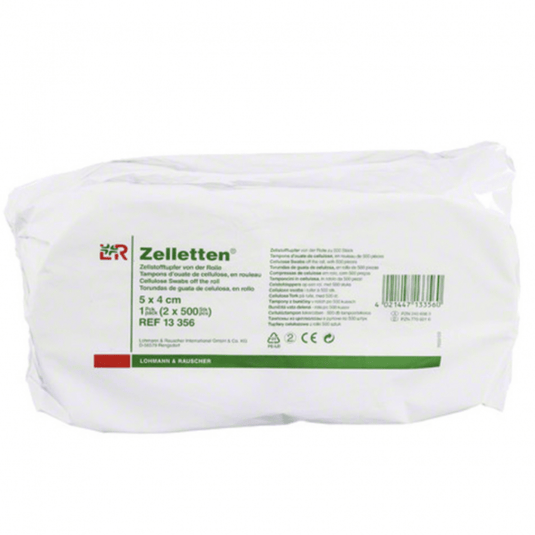 A Lohmann & Rauscher Zelletten® cellulóz-tamponokat tartalmazó csomag ideális orvosi célokra. A címkén feltüntették a méretet (5 x 4 cm), a mennyiséget (2 csomag, egyenként 500 darab) és a hivatkozási számot (13 356). A csomag túlnyomórészt fehér, zöld felirattal.