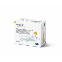 Egy fehér doboz a Paul Hartmann AG kifutó termékéből: Hartmann Zetuvit® Plus Silicon Border 10x10 cm, steril tartalmaz 10 sebpárnát, és megjeleníti a termék nevét, leírását, logóját és a szilikon sebpárna képét.