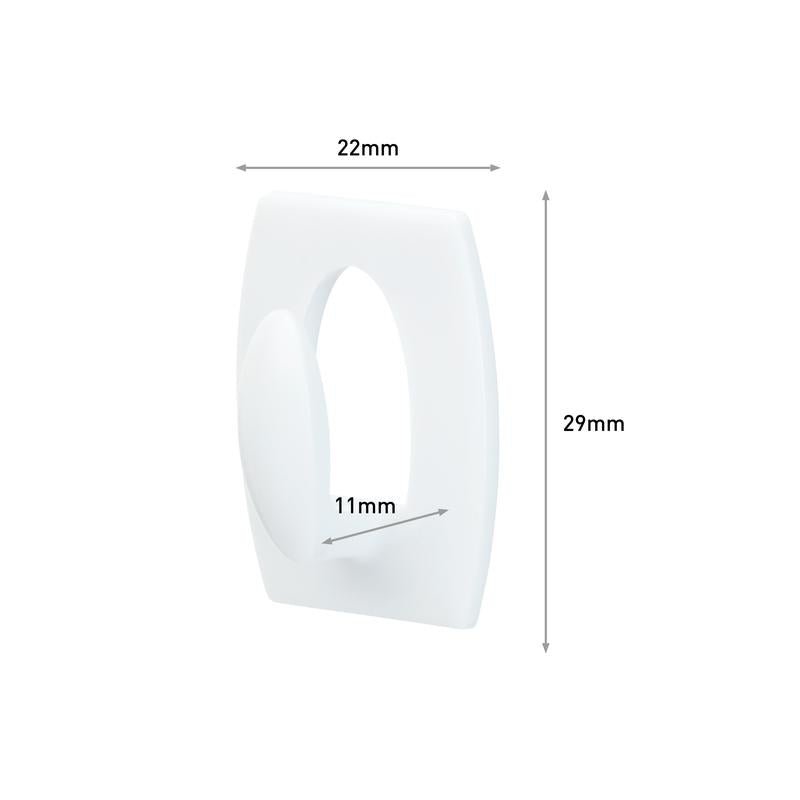 A 3M Deutschland GmbH Command™ Mini-Hook, 17006 egy fehér téglalap alakú kampó (22x29mm) lekerekített élekkel és egy 11mm belső ovállal. Nyilak mutatják a méreteket. Ideális fúrás nélküli felakasztáshoz és nyom nélkül eltávolítható.