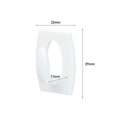 A 3M Deutschland GmbH Command™ Mini-Hook, 17006 egy fehér téglalap alakú kampó (22x29mm) lekerekített élekkel és egy 11mm belső ovállal. Nyilak mutatják a méreteket. Ideális fúrás nélküli felakasztáshoz és nyom nélkül eltávolítható.