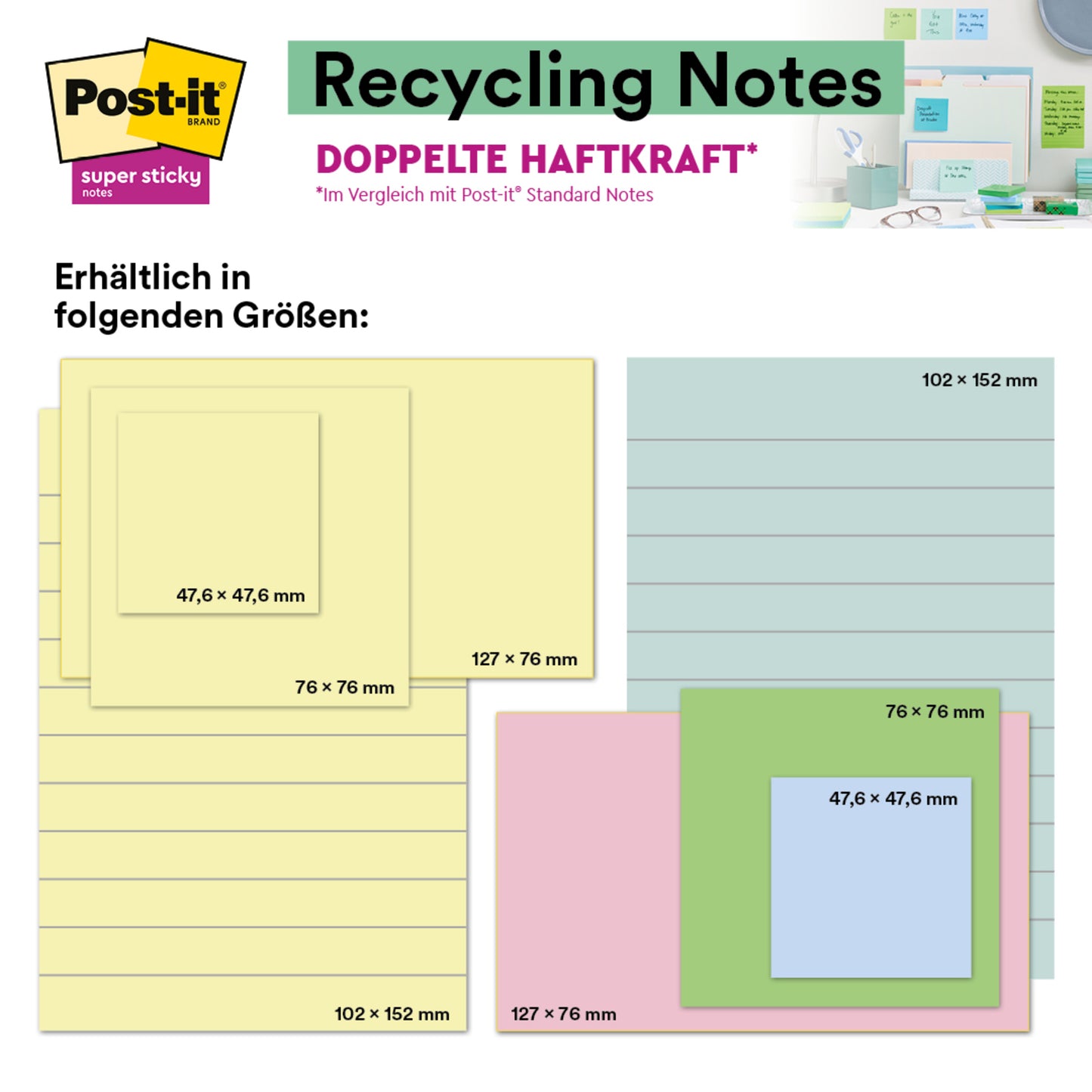 Eine Grafik zeigt Post-it® Super Sticky 100% Recycling Notes (76x76mm, 70 Blatt, PEFC) in Pastellfarben und Größen, mit Millimeterangaben. Das Produkt der 3M Deutschland GmbH erscheint in einem Arbeitsbereich; der Text ist in Deutsch und Englisch.