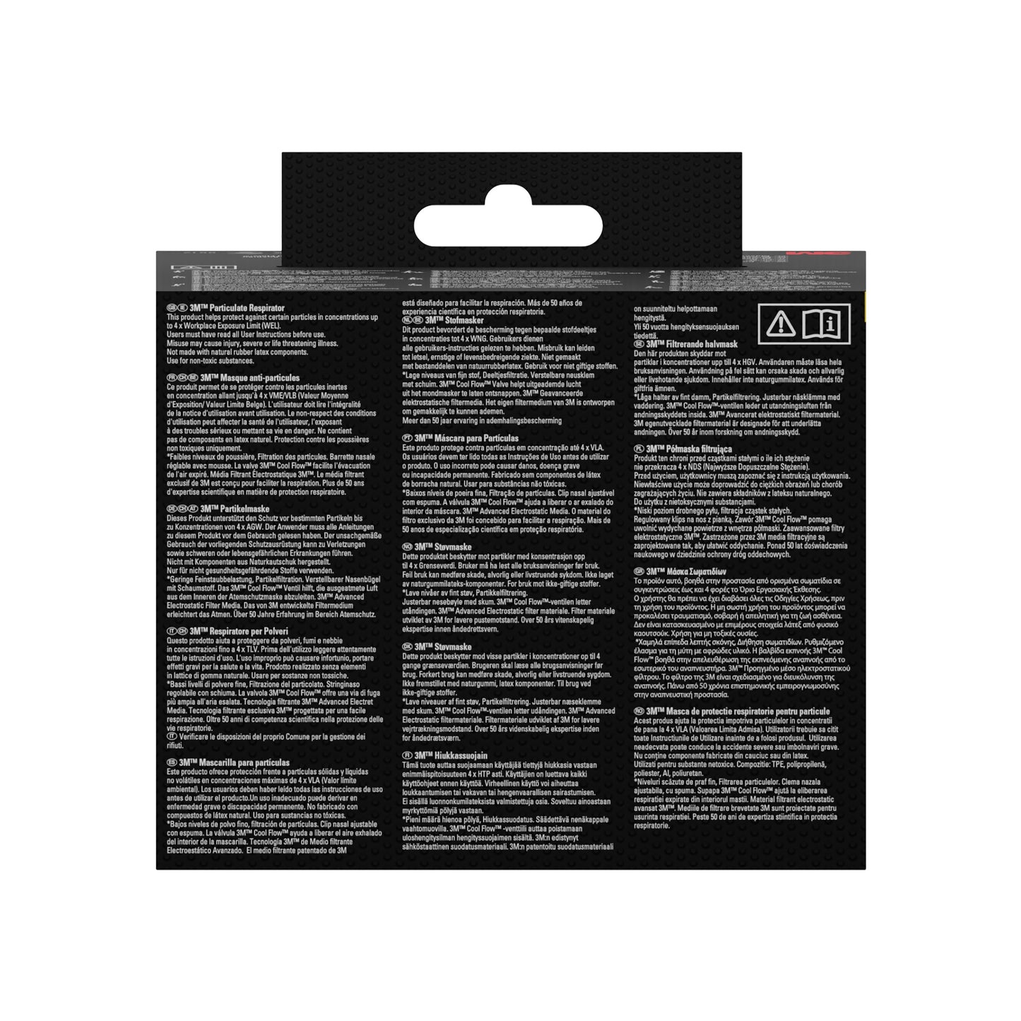 Die Rückseite der 3M™ Partikelmaske 8810, FFP2, ohne Ventil (3er-Packung) von 3M Deutschland GmbH ist mit mehrsprachigem weißem Text auf schwarzem Grund, einer Aufhängelasche mit Ausschnitt oben und zwei kleinen Symbolen in der rechten oberen Ecke versehen.