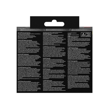 Die Rückseite der 3M™ Partikelmaske 8810, FFP2, ohne Ventil (3er-Packung) von 3M Deutschland GmbH ist mit mehrsprachigem weißem Text auf schwarzem Grund, einer Aufhängelasche mit Ausschnitt oben und zwei kleinen Symbolen in der rechten oberen Ecke versehen.