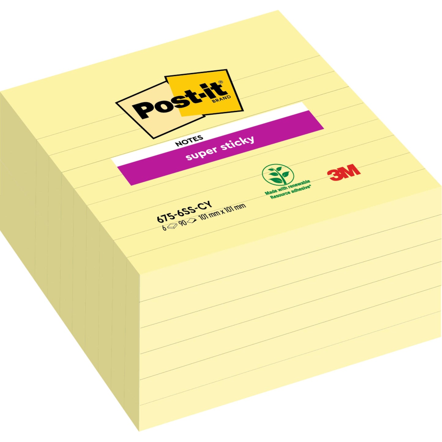 Egy nagy méretű Post-it® Super Sticky Notes (101 mm x 101 mm, 90 lap/blokk, 100% PEFC) csomag a 3M Deutschland GmbH-tól, sárga vonalas lapokkal és logókkal.