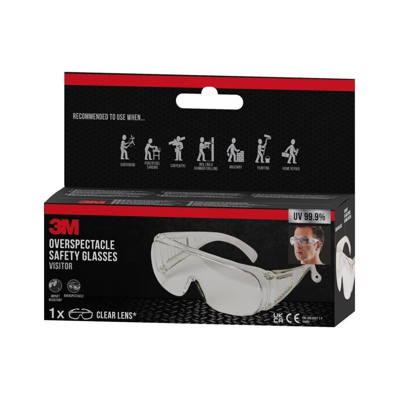 Egy doboz 3M™ Visitor védőszemüveg, átlátszó lencsével a 3M Deutschland GmbH-tól tartalmazza a kertészkedés, csiszolás, vegyszerek és festés szimbólumait. A csomagoláson 99,9%-os UV-védelem van feltüntetve.