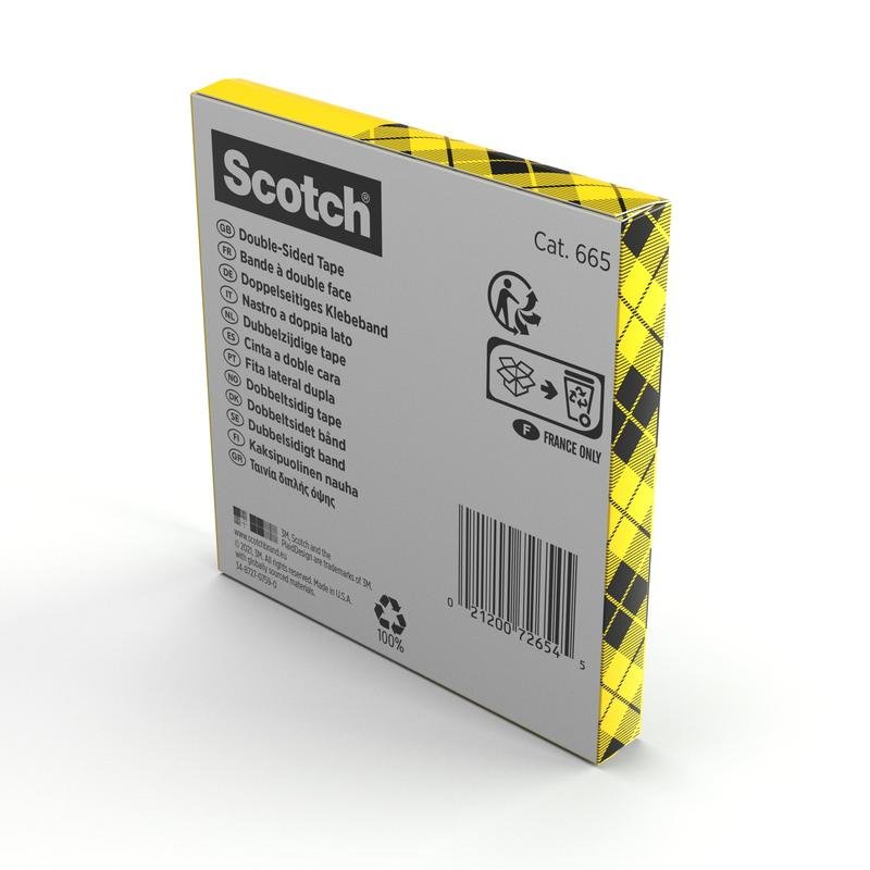 Egy 3M Deutschland GmbH Scotch® kétoldalas ragasztószalag csomagolása (1 tekercs, 12 mm x 33 m) a hátoldalon többnyelvű információkat, vonalkódot és újrahasznosítási szimbólumokat mutat. A csomagolás sárga-fekete kockás dizájnnal rendelkezik.