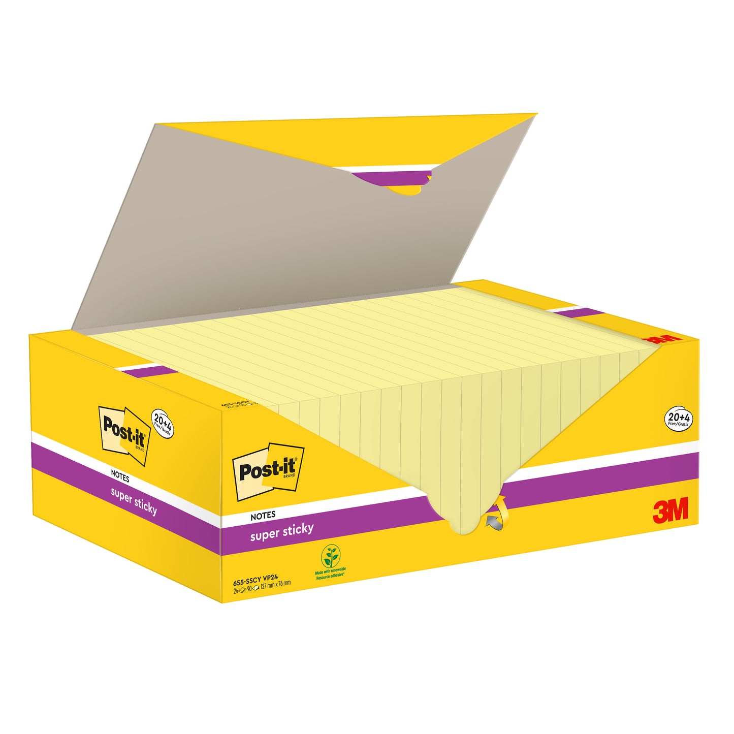 Egy nyitott karton a 3M Deutschland GmbH Post-it® Super Sticky Notes jegyzetlapjaival, sárga, 76 mm x 127 mm, több sárga blokkot tartalmaz (90 lap/blokk, 24 blokk/csomag), a termékjelöléssel és információkkal a PEFC tanúsítvánnyal rendelkező dobozon.