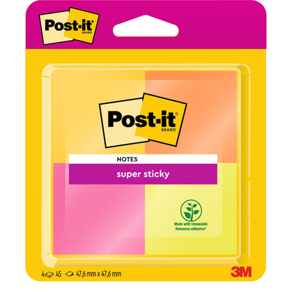 Egy csomag Post-It® Super Sticky Notes a 3M Deutschland GmbH-tól, PEFC-tanúsítvánnyal, különböző színekben, 4 blokk 45 lappal (47,6 mm x 47,6 mm), megújuló ragasztóval készült.