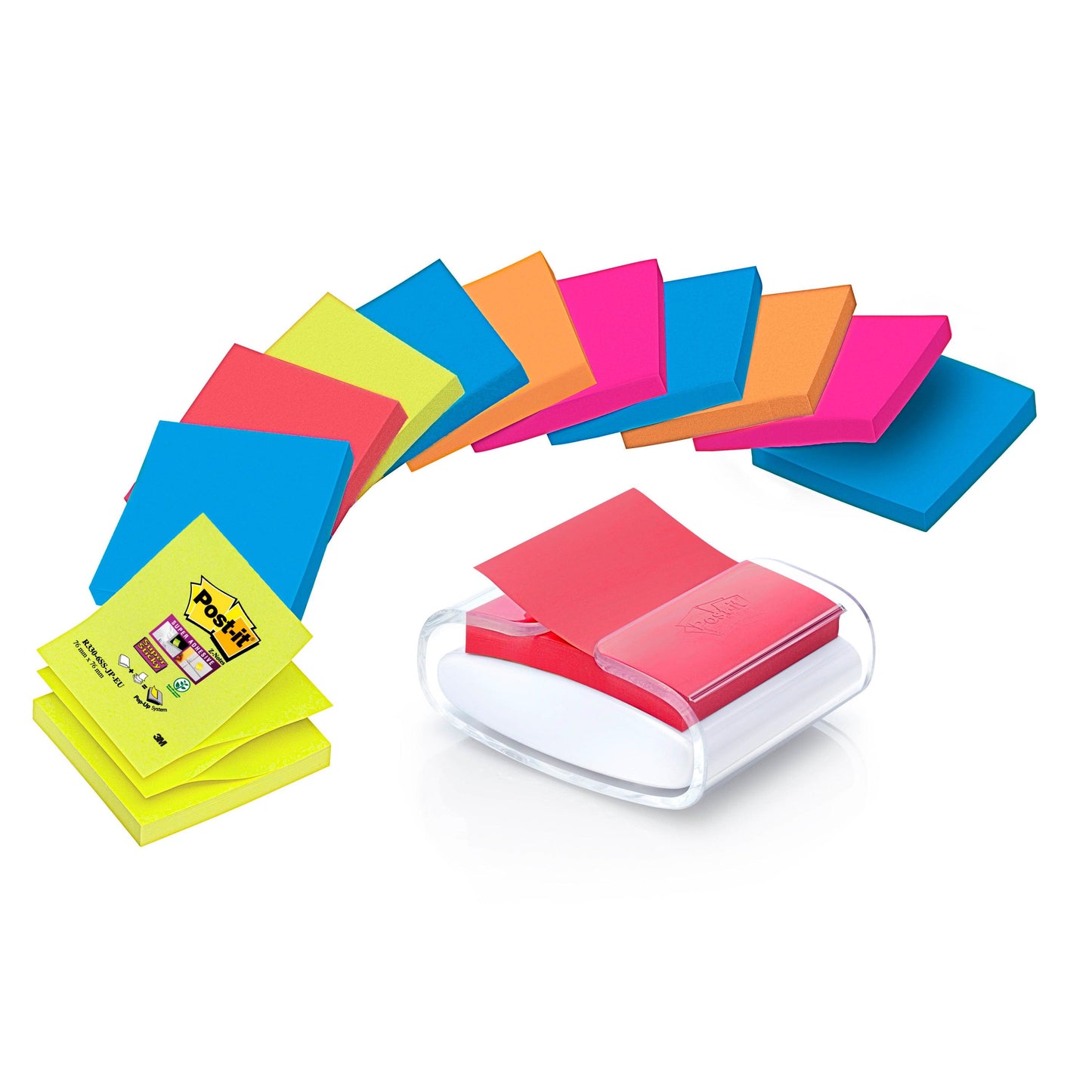 Egy színes öntapadós jegyzettömb sor és egy fekete Post-it® Z-Notes adagoló sárga Super Sticky Z-Notes-szal (76x76 mm, 90 lap) a 3M Deutschland GmbH-tól látható.