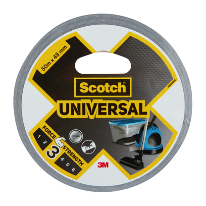 Egy tekercs Scotch® Universal ragasztószalag 2904 a 3M Deutschland GmbH-tól, ezüst, 50 m x 48 mm, porszívó és szemetes címkeképpel és 3-as erősségi szinttel.