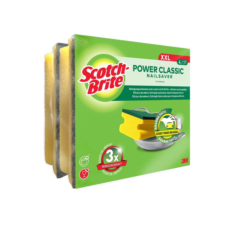 Egy csomag 3M Deutschland GmbH Scotch-Brite® Classic Griffschwamm XL, 4 darab csomagonként, zöld csomagolásban érkezik és kiemeli az erős tisztító teljesítményt és a körömvédelmet.