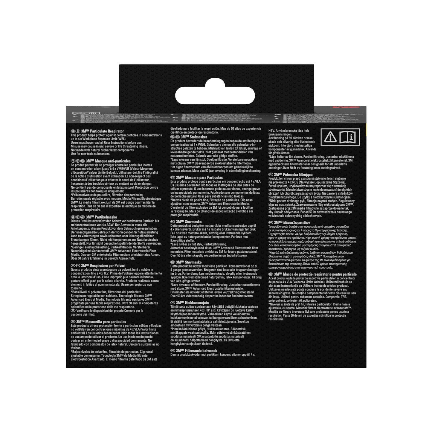 A 3M Deutschland GmbH 3M™ Quick Latch légzésvédő maszk 6502QLKIT-1 (A2P3, szerves gőzök ellen) termékcsomagolása többnyelvű utasításokat és ikonokat mutat cserélhető szűrőkkel fekete háttérrel és akasztóhoroggal.