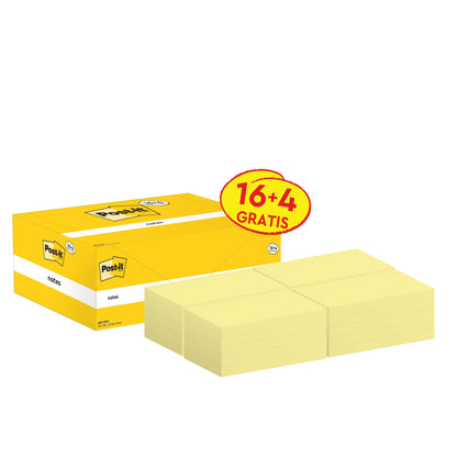 Egy sárga doboz Post-it® Notes (76mm x 127mm, 100 lap/blokk) a 3M-től, 16 blokkot és 4 ingyeneset tartalmaz. A "16+4 INGYEN" címke ezt a PEFC-tanúsítvánnyal rendelkező irodaszert értékes kiegészítéssé teszi minden munkahely számára.