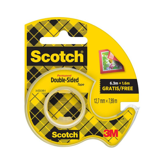 Egy csomag Scotch® kétoldalas ragasztószalag a 3M Deutschland GmbH-tól (12,7 mm x 7,89 m) 25% extra szalaggal és sárga kézi adagolóval, papírra való használatra alkalmas. Tartalmaz 1 tekercset.