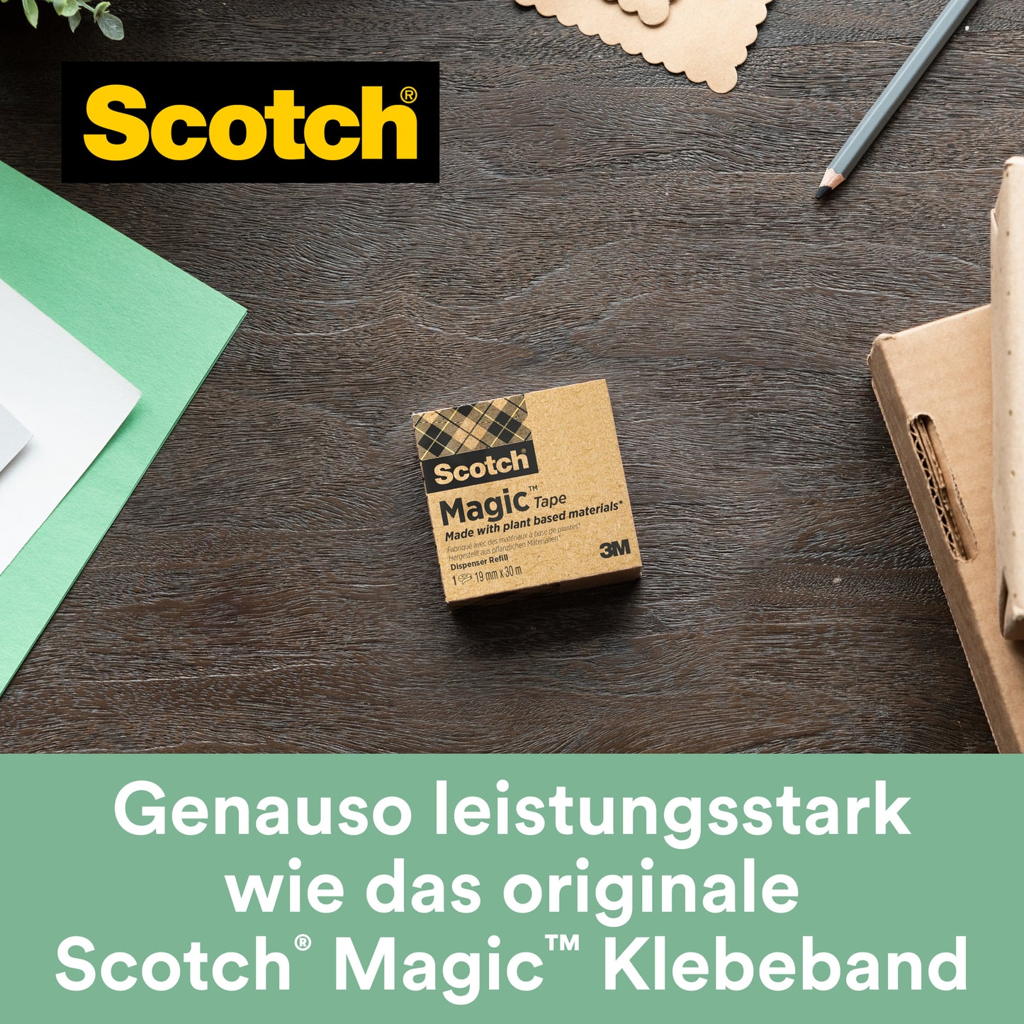 Eine Packung Scotch® Magic™ Klebeband (14 Rollen, 19 mm x 33 m) mit 66% pflanzlichem Klebstoff von 3M Deutschland GmbH liegt bei Schreibwaren. Ein grünes Banner darunter wirbt für seine Stärke und hebt den pflanzlichen Klebstoff hervor. Gratis Abroller C38 inkl..